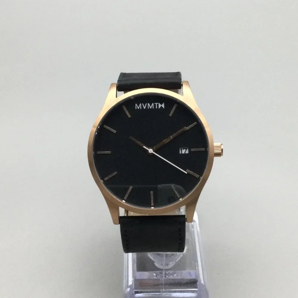 MVMT Watch Men 45mm Rose Gold Black Dial Date Leather Band New Battery